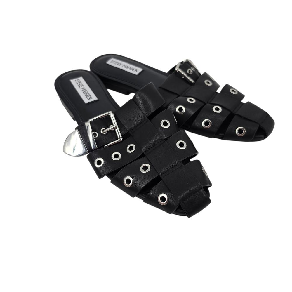 NWOT Steve Madden Black Leather Ladera Grommet Buckle Pointed Toe Mules Size 8